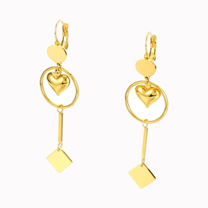 Minimalist gold heart and geometric drop earrings with polished metallic finish