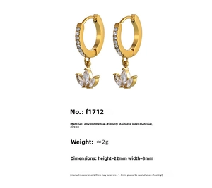 Detail of 18K gold-plated stainless steel hoop earrings with marquise zircon lotus pendant