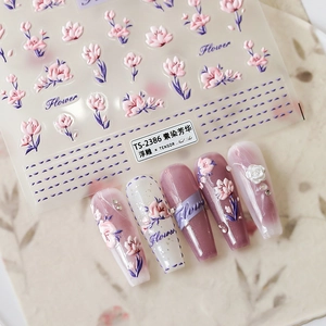 5D Embossed Nail Art Stickers Pink Purple Flower Floral Design Self Adhesive DIY Manicure Decoration For Women Girls