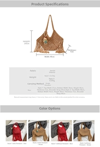 Detailed size chart for handmade woven tote bag showing dimensions and specifications