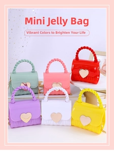 Detailed view of colorful mini jelly handbags with heart buckle and metal chain straps