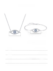 Detail view of 925 sterling silver evil eye necklace and bracelet set with blue zircon