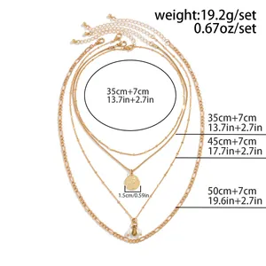 Detailed size specs showing stacked necklace lengths and pearl pendant measurements