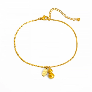 Gold titanium steel anklet with lucky gourd and fortune charm on mixed bead chain