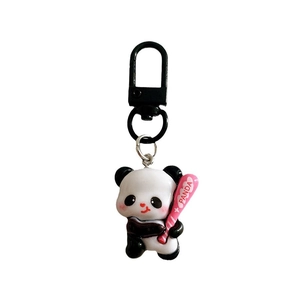 Cute panda keychain with pink baseball bat and metal clip for backpack decoration