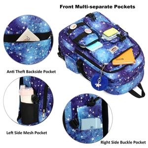 Detail view of starry print backpack showing multi-pocket storage and anti-theft back pocket