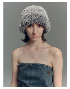 Macro detail of gradient faux fur knit beanie with thick plush fiber texture