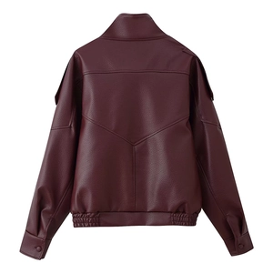 Back view of dark red leather jacket with high collar and minimalist faux leather texture