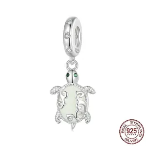 925 Sterling Silver Luminous Sea Turtle Charm Bead Glow In The Dark Animal Pendant With Green Rhinestone For DIY Bracelet