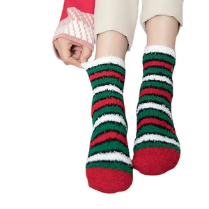 Plush Christmas coral fleece crew socks with festive red green and white stripes