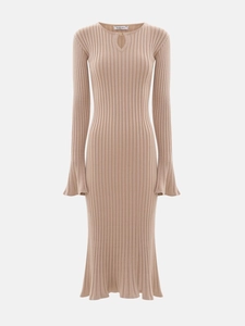 Detail of flared sleeves and ribbed knit texture on a beige midi sweater dress