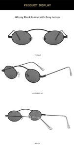 Detailed views of vintage oval metal sunglasses with black frame and grey lenses