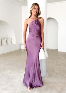 Detail of elegant plum purple satin dress showing one-shoulder neckline and silky texture