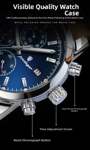 Detailed macro view of silver stainless steel case with blue sunray dial and chronograph buttons
