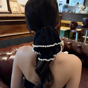 Elegant Black Velvet Bowknot Hair Claw Clip With Faux Artificial Pearls Glitter Fabric Ponytail Hair Accessory For Women