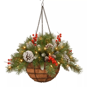 Weihnachts-Hängekorb mit Tannenzapfen, roten Beeren und warmen LED-Lichtern auf Weiß
