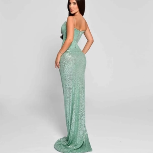 Slim fit mint green sequin maxi dress with side slit and strappy open back for parties