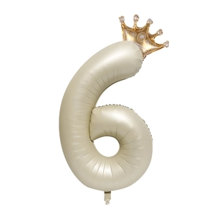 Cream beige number 6 foil balloon with a golden crown for birthday party decoration