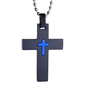 Punk style stainless steel necklace featuring a black rectangular pendant with blue cross