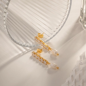 Elegant gold drop earrings with square cubic zirconia and teardrop freshwater pearl detail