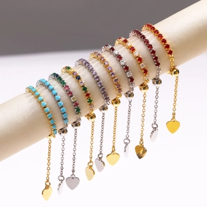 Adjustable tennis rings with colorful cubic zirconia stones and heart charm details