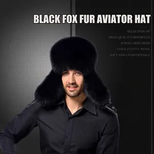 Thick black fox fur trapper hat with ear flaps for winter warmth and windproof style