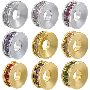 18K gold plated copper spacer beads set with colorful cubic zirconia in 3x3 grid display