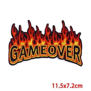 Punk Gameover letter embroidery patch with red flame design for iron-on jackets