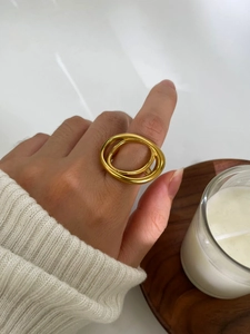 Close-up of golden stainless steel double loop ring design on model's finger