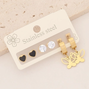 Three-pair stainless steel earring set with heart, zircon, and butterfly charms