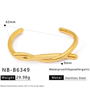 Macro detail of gold-plated stainless steel bracelet with dimensions and material info