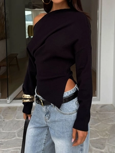 Women's black one-shoulder knit top with long sleeves and waist cutout detail