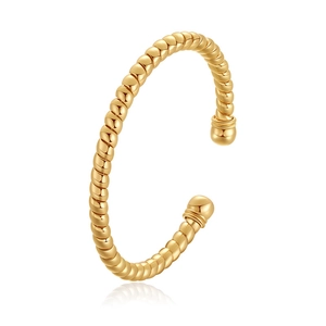 Gold twisted rope open bangle bracelet with minimalist aesthetic and metallic finish
