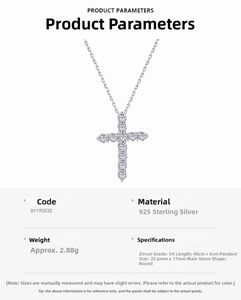 Technical dimensions of S925 sterling silver cross necklace with 5A cubic zirconia