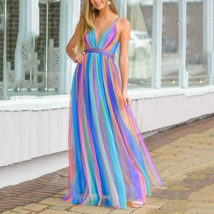 Rainbow gradient striped maxi dress with deep V-neck and flowy mesh fabric for summer