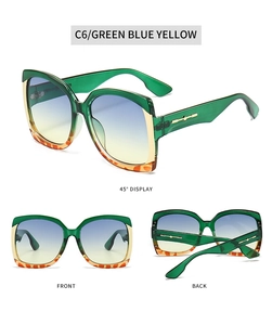 Three-way view of square green sunglasses with blue yellow gradient lenses and gold accents
