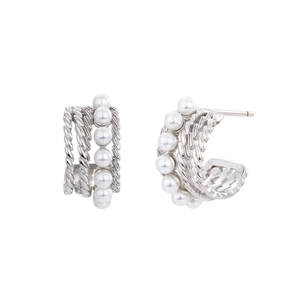 French vintage S925 silver C-shape twisted hoop earrings with elegant white pearls