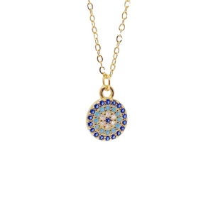 S925 sterling silver gold plated necklace with blue evil eye pendant and zircon stones