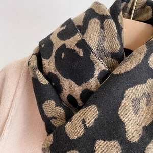 Close-up of leopard print pattern on soft cashmere-like scarf with bronze and black tones