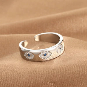 Silver evil eye open ring with white and blue zircon pavé in bohemian style