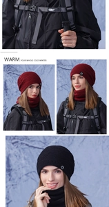 Detail of warm winter cable knit beanie and neck warmer set with fleece lining
