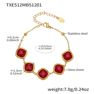 Detail specifications of golden stainless steel bracelet with five red glass stones