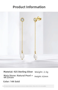 Detailed specs of S925 silver long drop earrings with natural pearls and 4A zircon stones