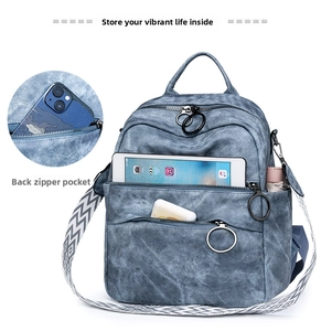 Dettaglio zaino da viaggio blu con tracolla geometrica e tasca posteriore con zip