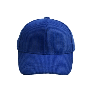 Close-up of royal blue corduroy texture and premium stitching on this baseball cap