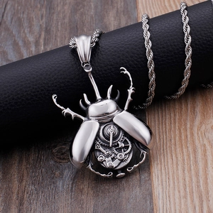 Steampunk stainless steel beetle pendant with intricate mechanical gears and chain