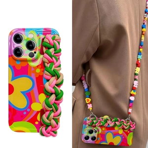 Floral iPhone case with braided nylon crossbody strap and colorful decorative beads