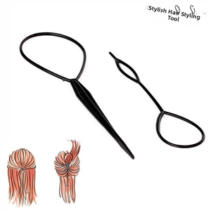 Set of 2 black hair styling loop tools with illustrated step-by-step styling guide
