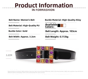 Detailed view of the luxury square alloy buckle with vibrant multicolored rhinestones