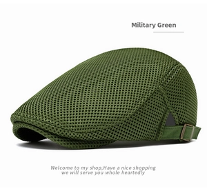 Detail of military green mesh newsboy cap showing breathable texture and side buckle
